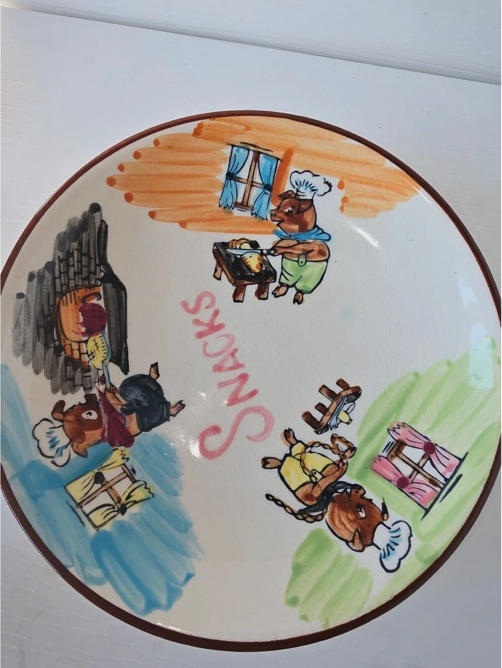Vintage Ceramic Skillet Wall Plaque Three Little Pigs Chef Snacks Wooden Handle
